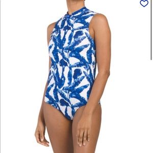 Cabana Life one piece blue and white palm - see listing for coverup bathing